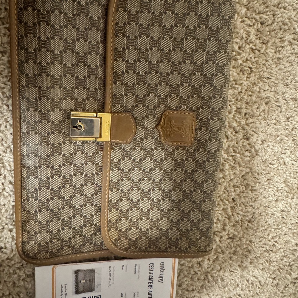 Authentic Celine Brown and Tan Monogram Clutch with Gold Lock